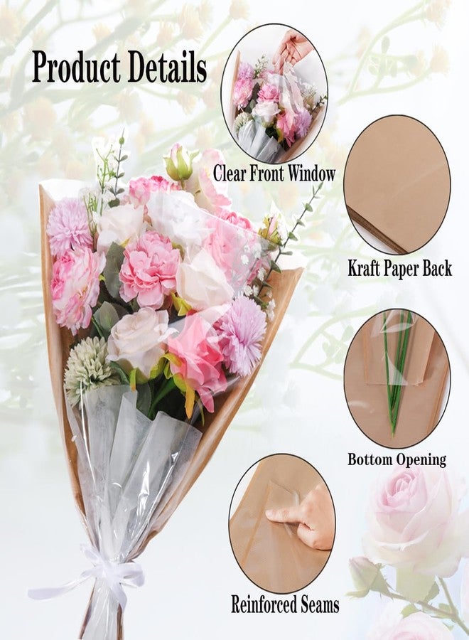 HSONAIGEE 50 Pieces Flower Bouquet Wrapping Paper, 22 x 14.2 Inch Extra Large Flower Bags for Bouquets Kraft Floral Wrap Sleeves with Ribbons for Home Mother’s Day Wedding Flower Bar Supplies - Image 3